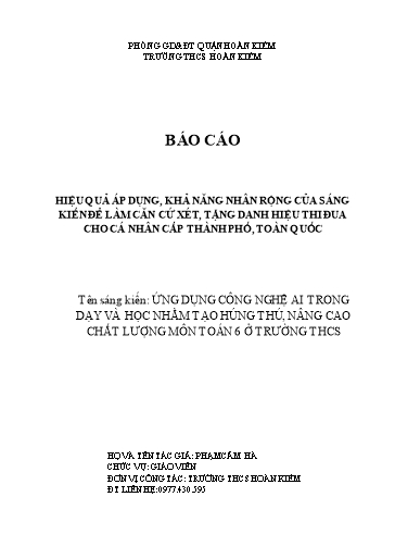 Báo cáo sáng kiến Ứng dụng công nghệ AI trong dạy và học nhằm tạo húng thú, nâng cao chất lượng môn Toán 6 ở trường THCS