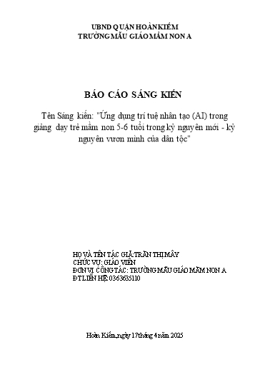 Báo cáo sáng kiến Ứng dụng trí tuệ nhân tạo (AI) trong giảng dạy trẻ Mầm non 5-6 tuổi trong kỷ nguyên mới - Kỷ nguyên vươn mình của dân tộc