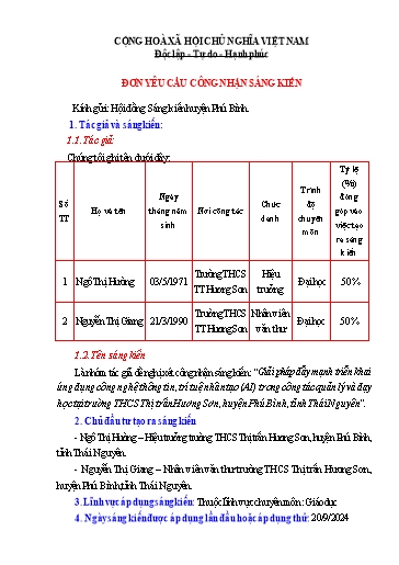 Đơn công nhận SKKN Giải pháp đẩy mạnh triển khai ứng dụng công nghệ thông tin, trí tuệ nhân tạo (AI) trong công tác quản lý và dạy học tại trường THCS Thị trấn Hương Sơn, huyện Phú Bình, tỉnh Thái Nguyên
