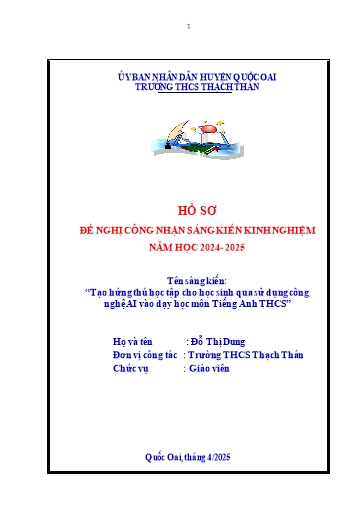 Đơn công nhận SKKN Tạo hứng thú học tập cho học sinh qua sử dụng công nghệ AI vào dạy học môn Tiếng Anh THCS
