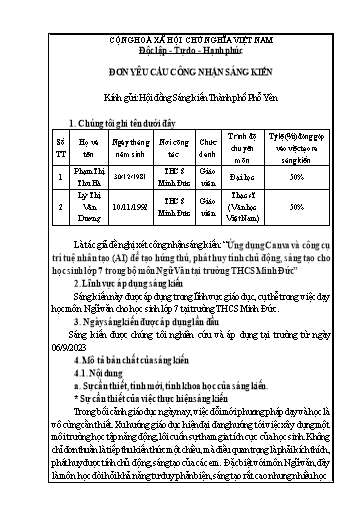 Đơn công nhận SKKN Ứng dụng Canva và công cụ trí tuệ nhân tạo (AI) để tạo hứng thú, phát huy tính chủ động, sáng tạo cho học sinh Lớp 7 trong bộ môn Ngữ Văn tại trường THCS Minh Đức