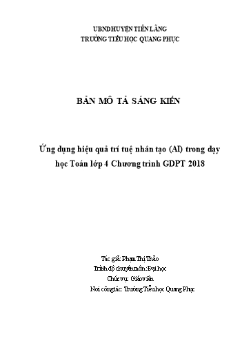 Mô tả Sáng kiến Ứng dụng hiệu quả trí tuệ nhân tạo (AI) trong dạy học Toán Lớp 4 Chương trình GDPT 2018