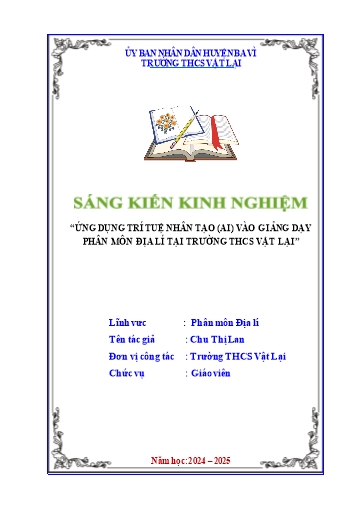 Sáng kiến kinh nghiệm Ứng dụng Trí tuệ nhân tạo (AI) vào giảng dạy Phân môn Địa lí tại trường THCS Vật Lại